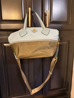 Anne Klein Light Blue and Olive Two-Tone Shoulder Bag with Gold Hardware